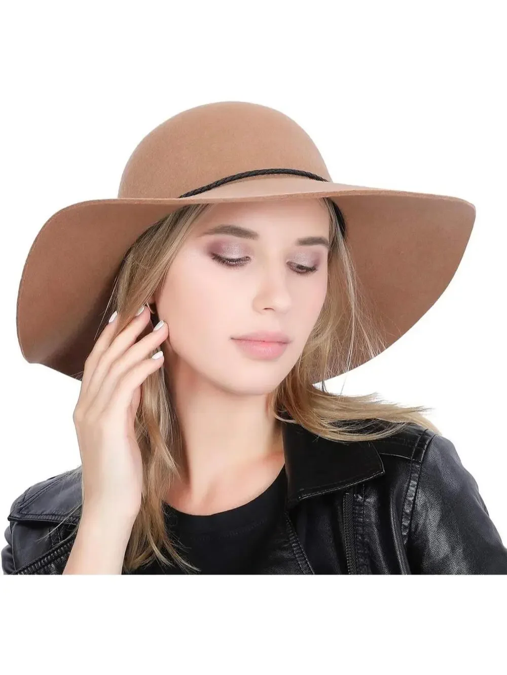 Women's Large Floppy Hat Chic Beachy Sun Hat Panama Belt Wool Classy Wide Fedora
